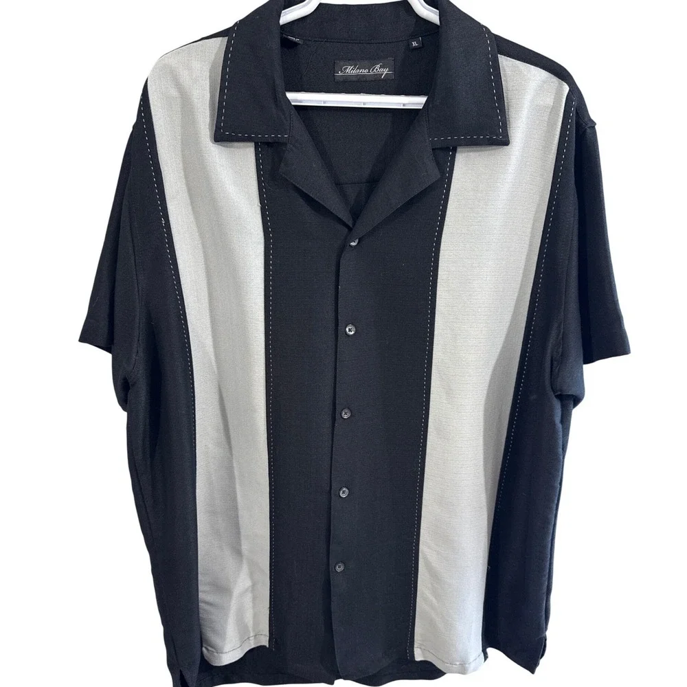Milano Bay Mens XL Bowling Shirt Black Grey Retro Colorblock Pick Stitch Rayon